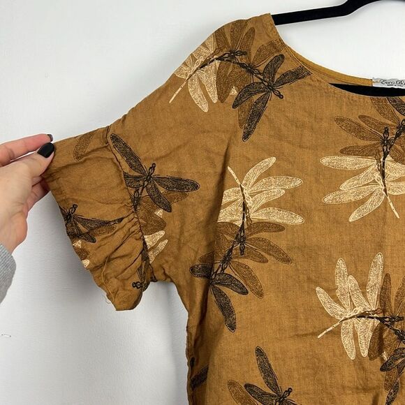 Elena Baldi DragonFly 100% Linen Mustard Yellow Ruffle Sleeve Blouse Small - Picture 5 of 14